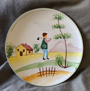 VINTAGE Italian Folk Art Pottery Plate Wall Hanging Farmer Man Handpaint…